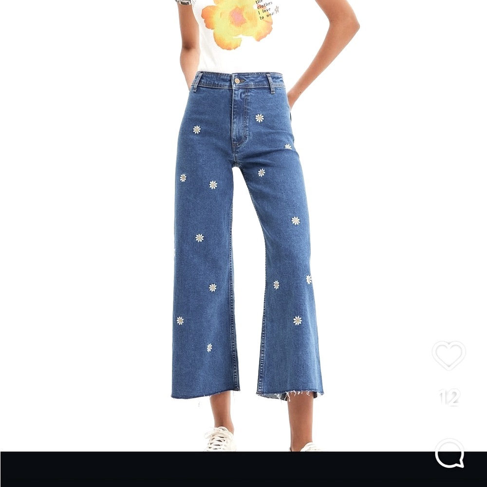 Desigual Blue Daisy Embroidered Wide Leg Jeans